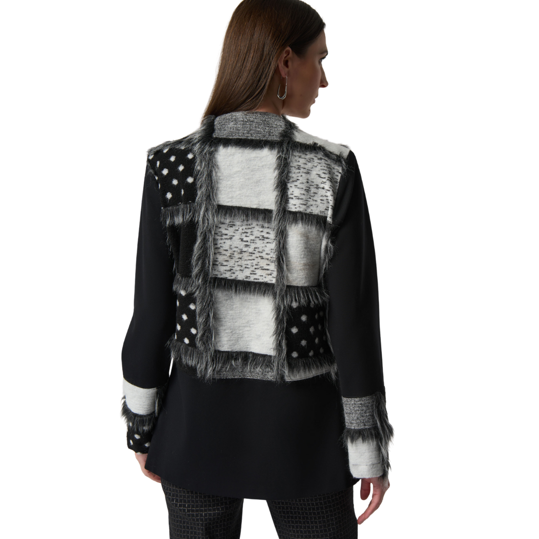 Jaboli Boutique -Fergus Ontario - Joseph Ribkoff Patchwork Jacket. Gorgeous Patches of Black, Gey, and White Print Fabric are Sewn Together and Trimmed in Faux Fur open front Streamlined silhouette Long Sleeves Hip Length Proudly Made In Canada!