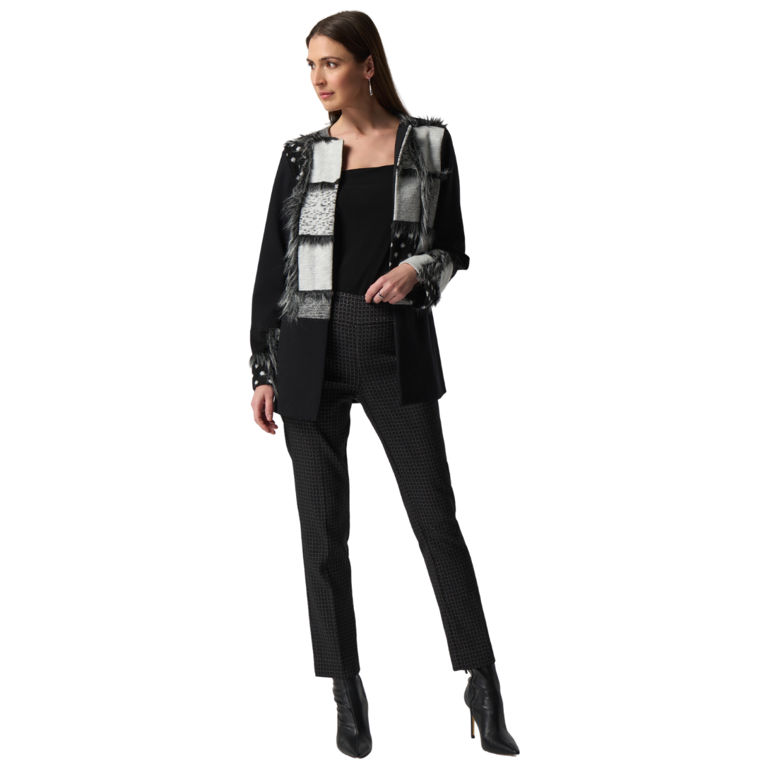 Jaboli Boutique -Fergus Ontario - Joseph Ribkoff Patchwork Jacket. Gorgeous Patches of Black, Gey, and White Print Fabric are Sewn Together and Trimmed in Faux Fur  open front  Streamlined silhouette  Long Sleeves   Hip Length   Proudly Made In Canada!