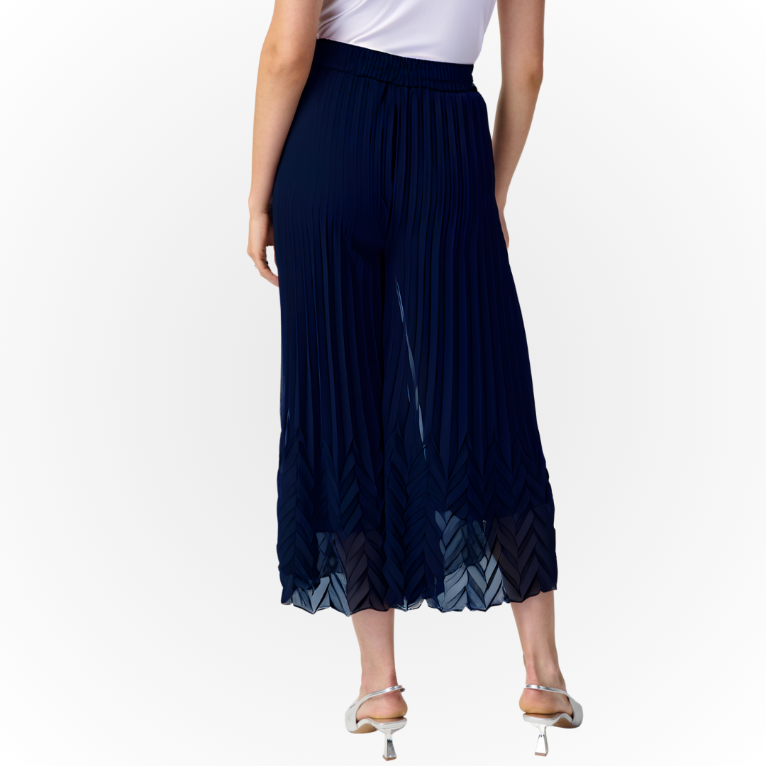 Jaboli Boutique - Fergus Ontario - Joseph Ribkoff - Dressy Midnight Blue Gauchos Pull On Ruched Waist Mid Calf Length Gorgeous and packable for travel dress up and essential tee or tank wear with a matching navy top to give the illusion of a jumpsuit.