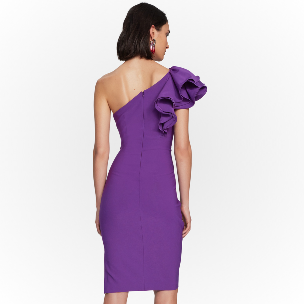 Jaboli Boutique - Fergus Ontario Joseph Ribkoff One Shoulder Dress. Sculpted Body , Lined Jersey, Colour - Majesty (Medium Purple), Elaborate Single Shoulder Detail, Ruched Body, Cocktail Length, ruching through the bodice gives a sliming silhouette, Proudly Made In Canada!