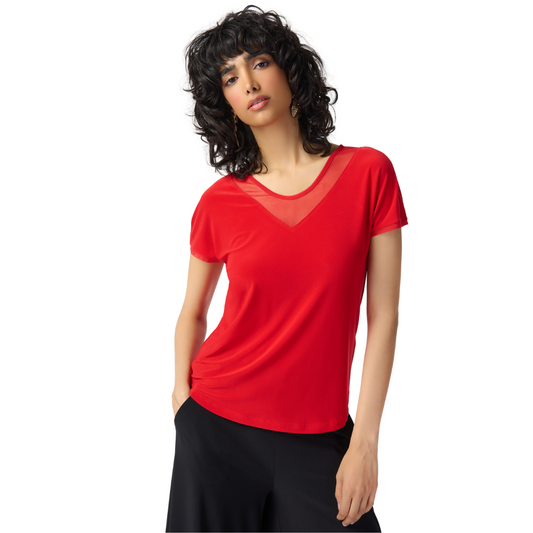Jaboli Boutique - Fergus Ontario - Joseph Ribkoff - Red Cap Sleeve Top -241088. Joseph Ribkoff Red Cap Sleeve Top Jaw-dropping V-neck blouse Mesh inset at neckline for added charm Hip-length design for versatility and flattering fit Crafted from Ribkoff Signature Jersey for comfort and quality Proudly made in Canada, reflecting the brand's commitment to style and craftsmanship.