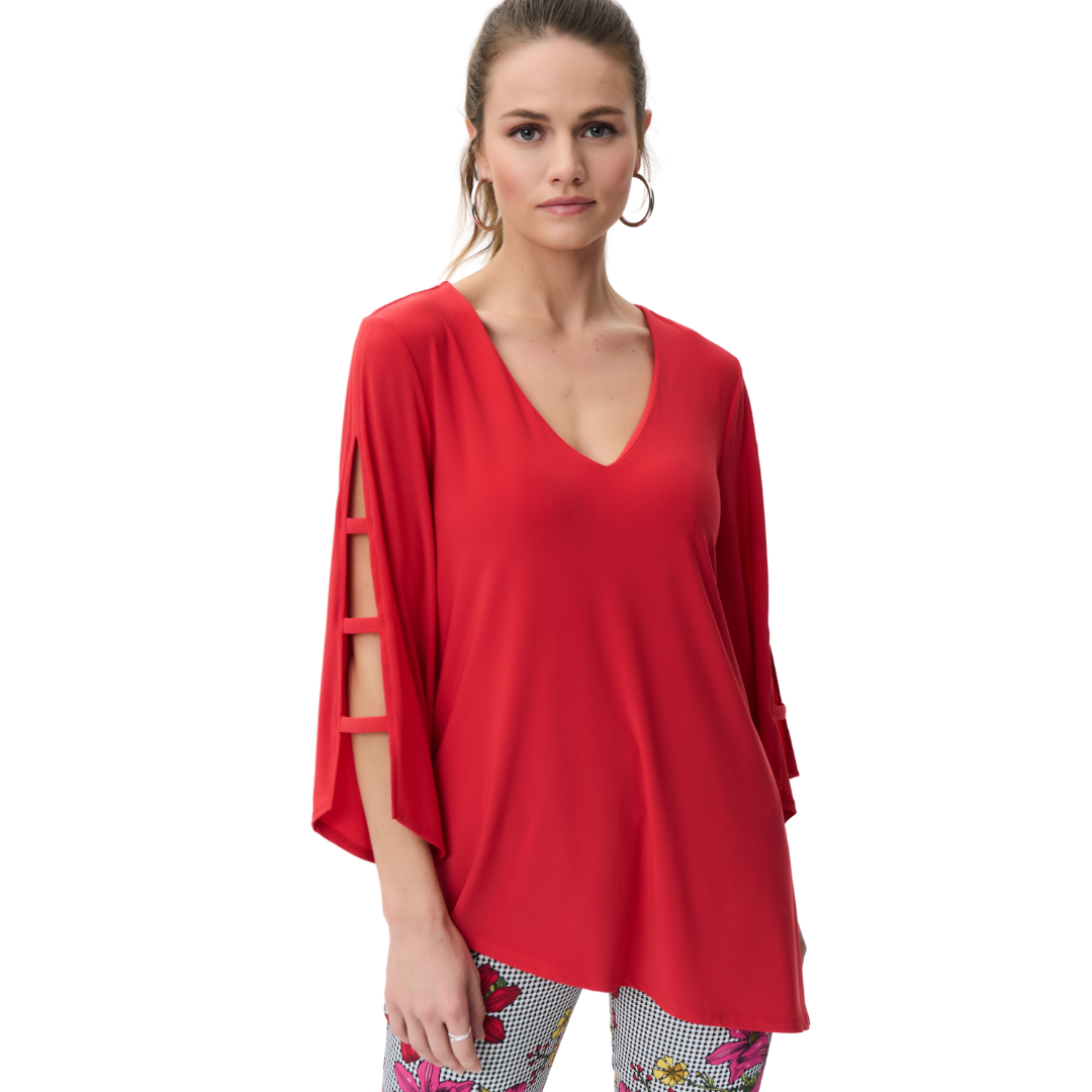 Jaboli Boutique - Fergus Ontario - Joseph Ribkoff - Red Sleeve - V neckline Tunic. Vee Neck Asymmetric Hemline Tunic  Colours - Palm Springs, Magma Red  Relaxed Signature Jersey  Long Sleeves with Breakaway Ladder Detail  Proudly Made In Canada!