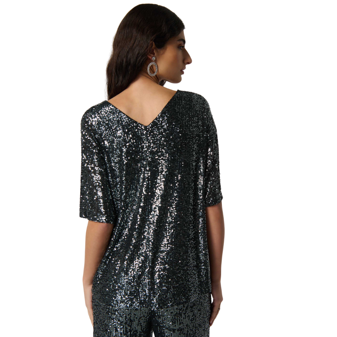 Jaboli Boutique - Port Dover Ontario - Joseph Ribkoff - Silver Sequin Top. Stunning Silver/Charcoal Sequined Top Scoop Front, V Back Neckline Elbow length Sleeve Relaxed Fit Pair with your Favourite Palazzo Pants Proudly Made In Canada!