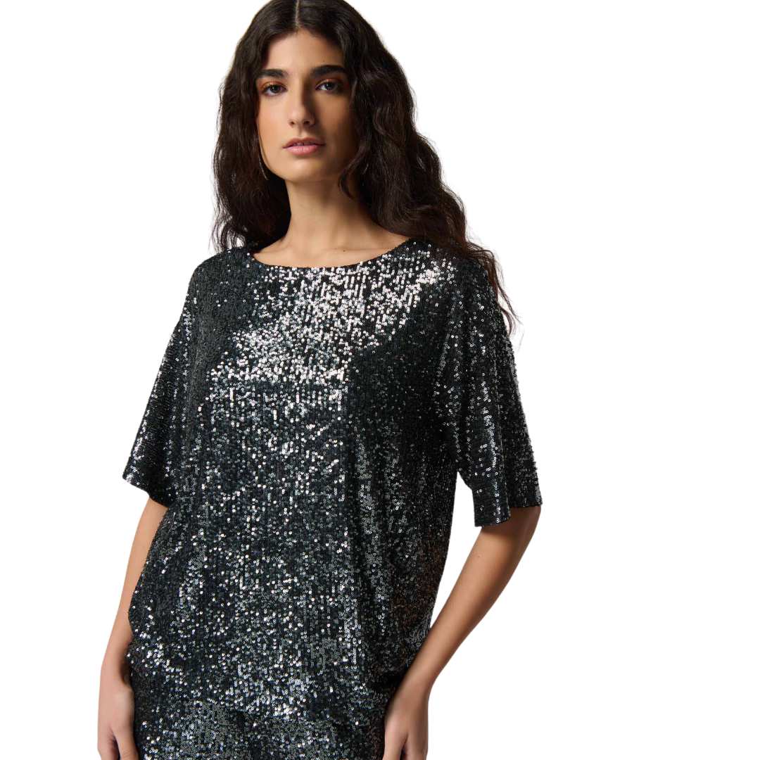 Jaboli Boutique - Port Dover Ontario - Joseph Ribkoff - Silver Sequin Top. Stunning Silver/Charcoal Sequined Top  Scoop Front, V Back Neckline  Elbow length Sleeve  Relaxed Fit  Pair with your Favourite Palazzo Pants  Proudly Made In Canada!