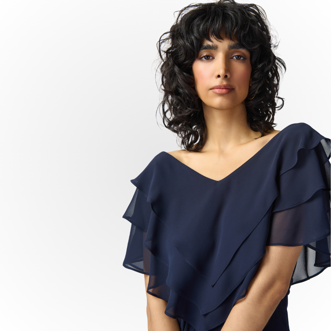 Jaboli Boutique - Fergus Ontario -Joseph Ribkoff Top 241020, Layered Chiffon in a Vee Neck Collar, Colour - Midnight Blue, Ribkoff Signature Jersey Body Hip Length, Pair with Dressy Wide Leg Trousers for a Special Event, Proudly Made in Canada!