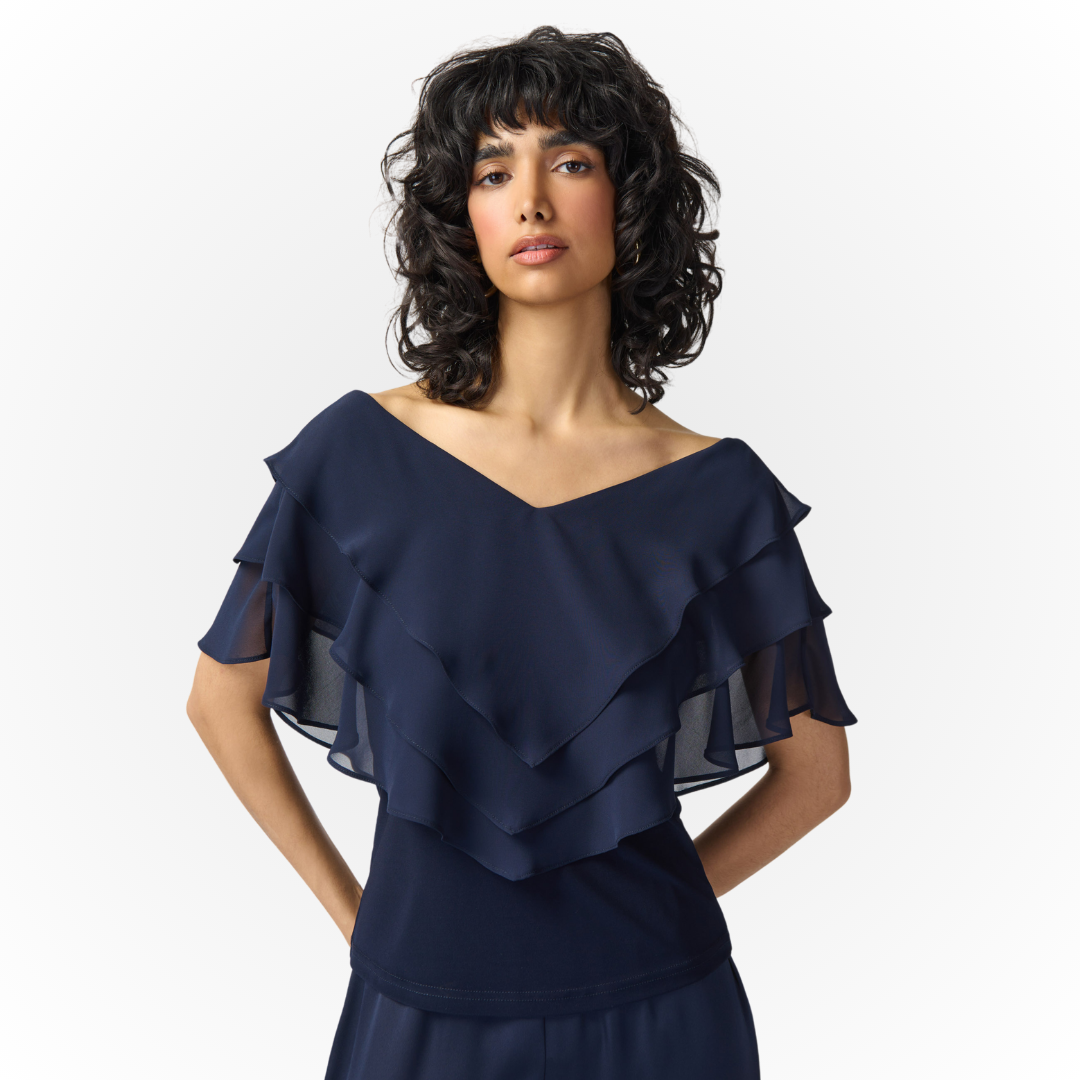 Jaboli Boutique - Fergus Ontario -Joseph Ribkoff  Top 241020,  Layered Chiffon in a Vee Neck Collar,  Colour - Midnight Blue,  Ribkoff Signature Jersey Body   Hip Length,  Pair with Dressy Wide Leg Trousers for a Special Event,  Proudly Made in Canada!