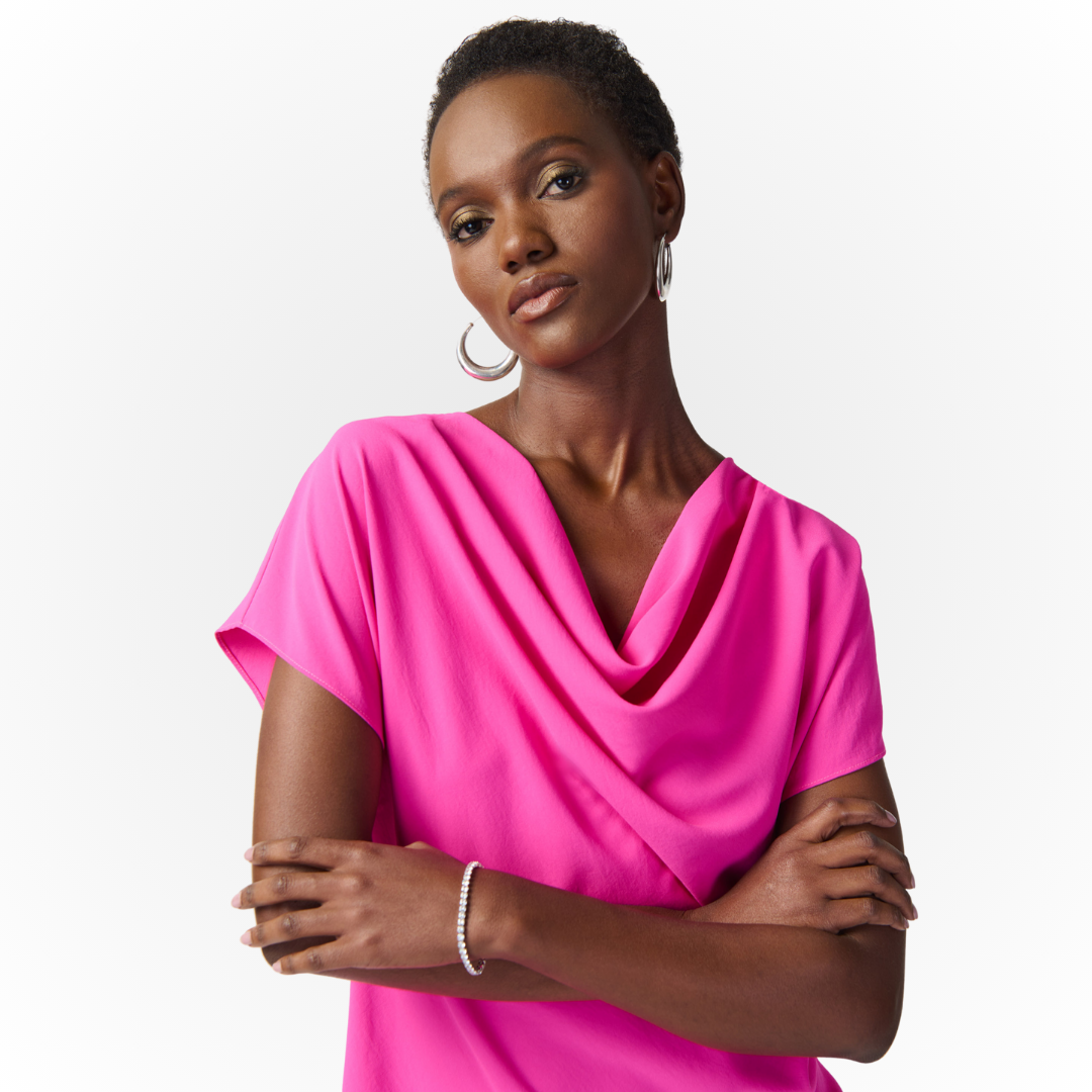 Jaboli Boutique - Fergus Ontario - Joseph Ribkoff Ultra Pink Top 241099 Draped Collar Colour Ultra Pink Signature Stretchy Jersey Capped Sleeve Hip Length Proudly Made In Canada!