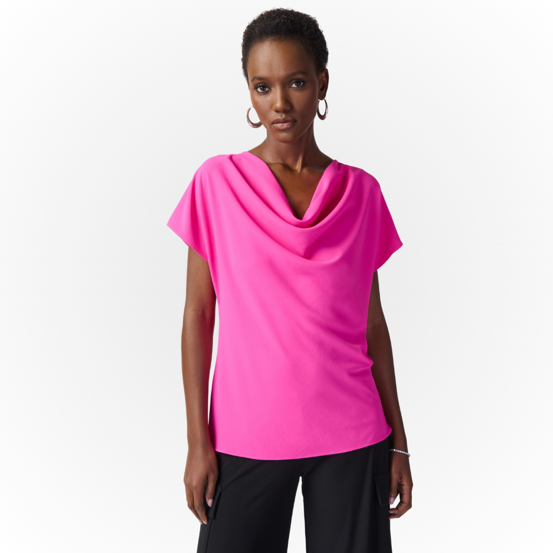 Jaboli Boutique - Fergus Ontario - Joseph Ribkoff Ultra Pink Top 241099  Draped Collar  Colour Ultra Pink  Signature Stretchy Jersey  Capped Sleeve  Hip Length  Proudly Made In Canada!