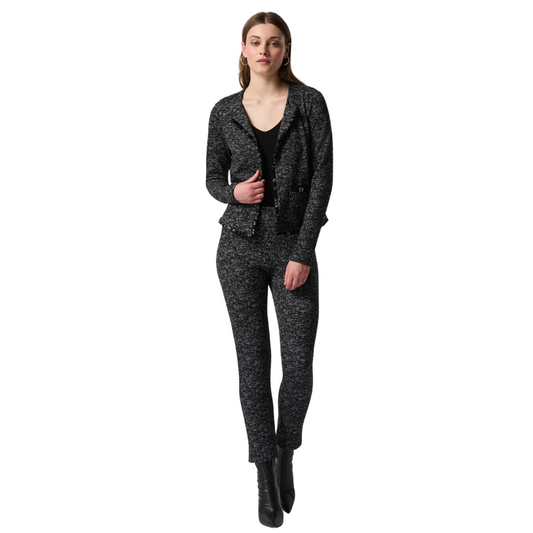 jaboli Boutique -Fergus ontario - Joseph Ribkoff -Tweed Jacket. Not So Classic Tweed Black/White Print Suit Jacket  Pair with Coordinating Pants  Jackie O Styling,   Fringe detail Hem and Front  2 Pockets,  Silver Button Detail,  Fabulous Suit from Joseph Ribkoff,