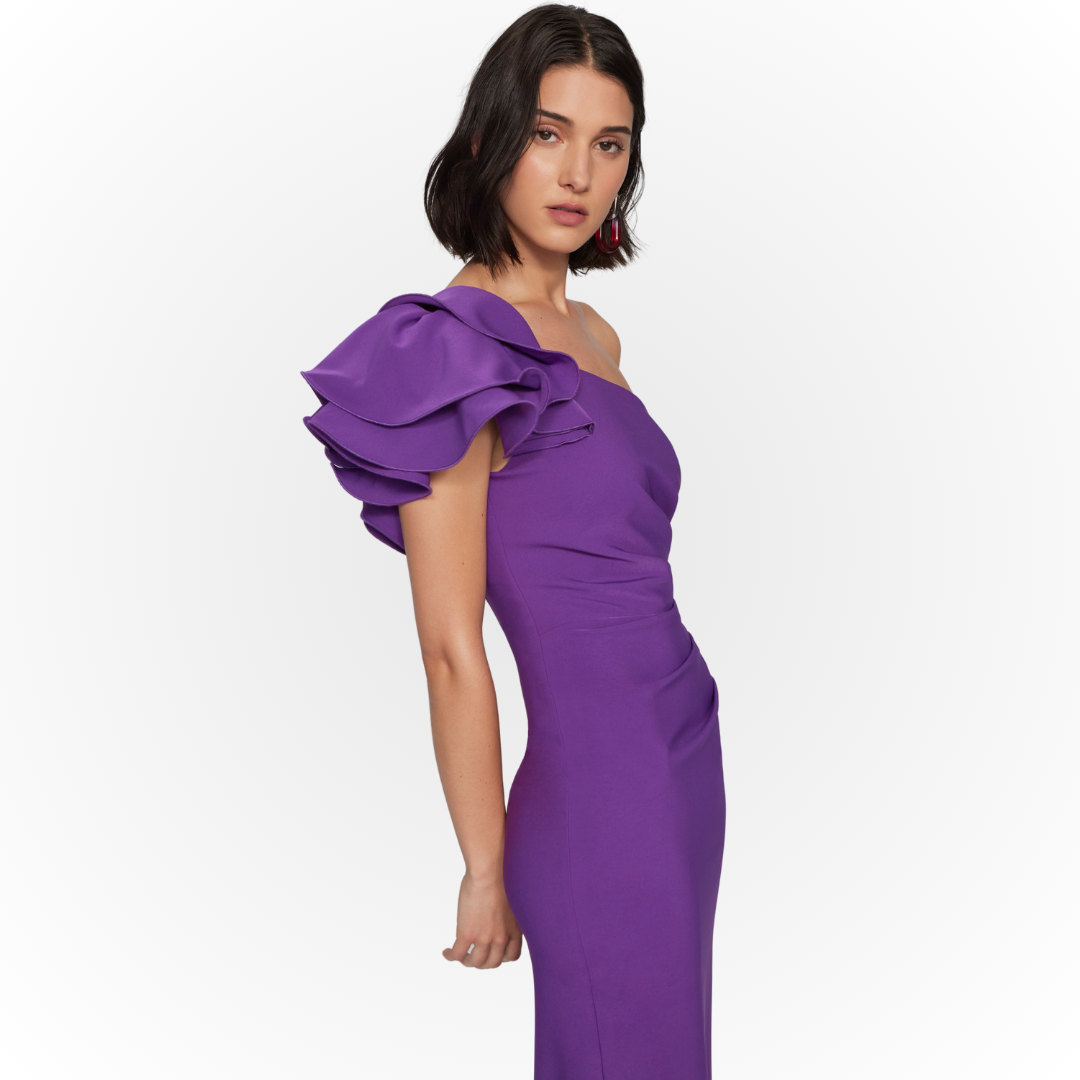 Jaboli Boutique - Fergus Ontario Joseph Ribkoff One Shoulder Dress. Sculpted Body , Lined Jersey, Colour - Majesty (Medium Purple), Elaborate Single Shoulder Detail, Ruched Body, Cocktail Length, ruching through the bodice gives a sliming silhouette, Proudly Made In Canada!