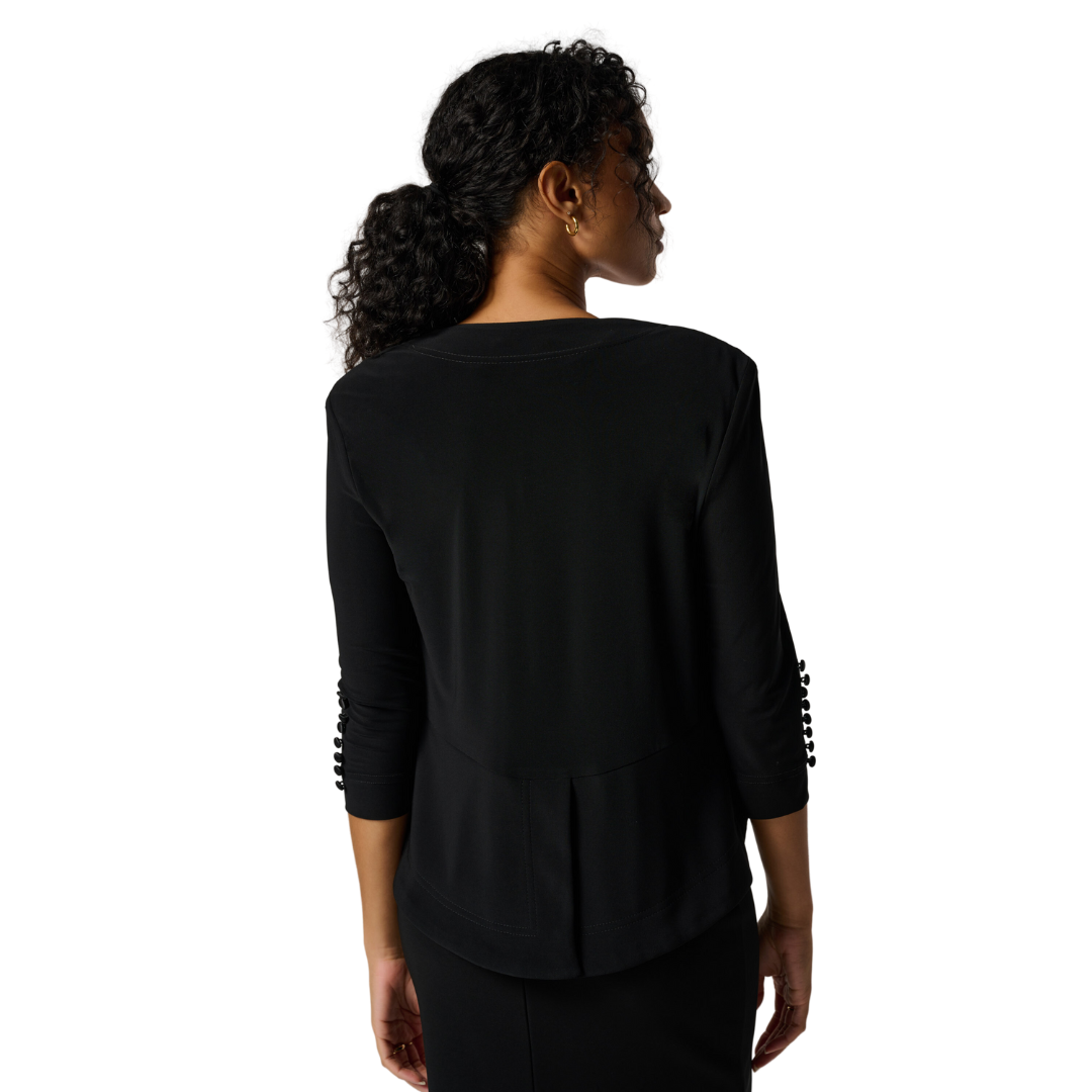 Jaboli Boutique - Fergus Ontario -Joseph Ribkoff - Black Bolero. Open Front Bolero made from Signature Jersey, 3/4 Sleeve with Satin Button Detail, Fancy Event Jacket, Proudly Made In Canada!