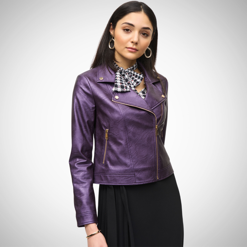 Jaboli Boutique - Fergus Ontario - Joseph Ribkoff - Black Currant - Moto Jacket, Zip Front, Joseph Ribkoff Metallic Faux Leather Biker Jacket, Colour Black Currant (deep purple) Instant glamour with metallic sheen 70% polyurethane, 30% viscose rayon blend Captivating, bold finish Timeless biker design Notch collar and zipper pockets Edgy cool style