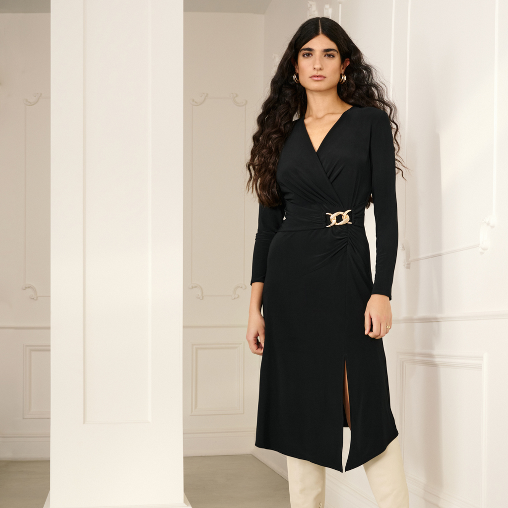 Jaboli Boutique - Fergus Ontario - Joseph Ribkoff - Black Jersey Dress.Faux Wrap Fitted Detail  Signature Joseph Ribkoff Jersey  Banded Belt with Gold Detail  Cocktail Length  Proudly Made In Canada!