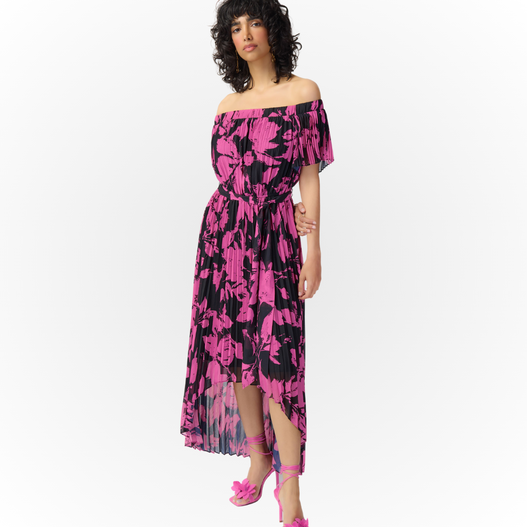  Jaboli Boutique - Fergus Ontario - Joseph Ribkoff Fuchsia Print Dress 241908 Knife Pleat Chiffon over Black Jersey Lining Colour: Fuchsia/Black Print Relaxed Fit with Self Tie Waist High Low Hemline Proudly Made in Canada, short sleeve, wear on or off shoulder