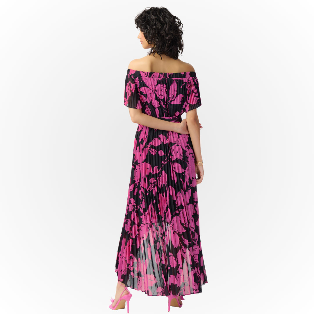 Jaboli Boutique - Fergus Ontario - Joseph Ribkoff Fuchsia Print Dress 241908 Knife Pleat Chiffon over Black Jersey Lining Colour: Fuchsia/Black Print Relaxed Fit with Self Tie Waist High Low Hemline Proudly Made in Canada, short sleeve, wear on or off shoulder