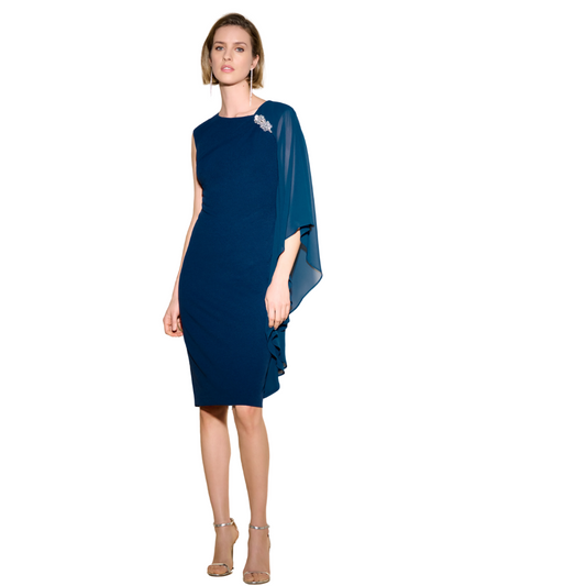 Jaboli Boutique -Fergus Ontario - joseph Ribkoff - Glamour Dress. Cocktail Dress,  Colour -Nightfall,  One Shoulder Floaty Chiffon Cape With Rhinestone Embellishment,  Fully Lined with Signature Ribkoff Jersey,  Proudly Crafted In Canada!