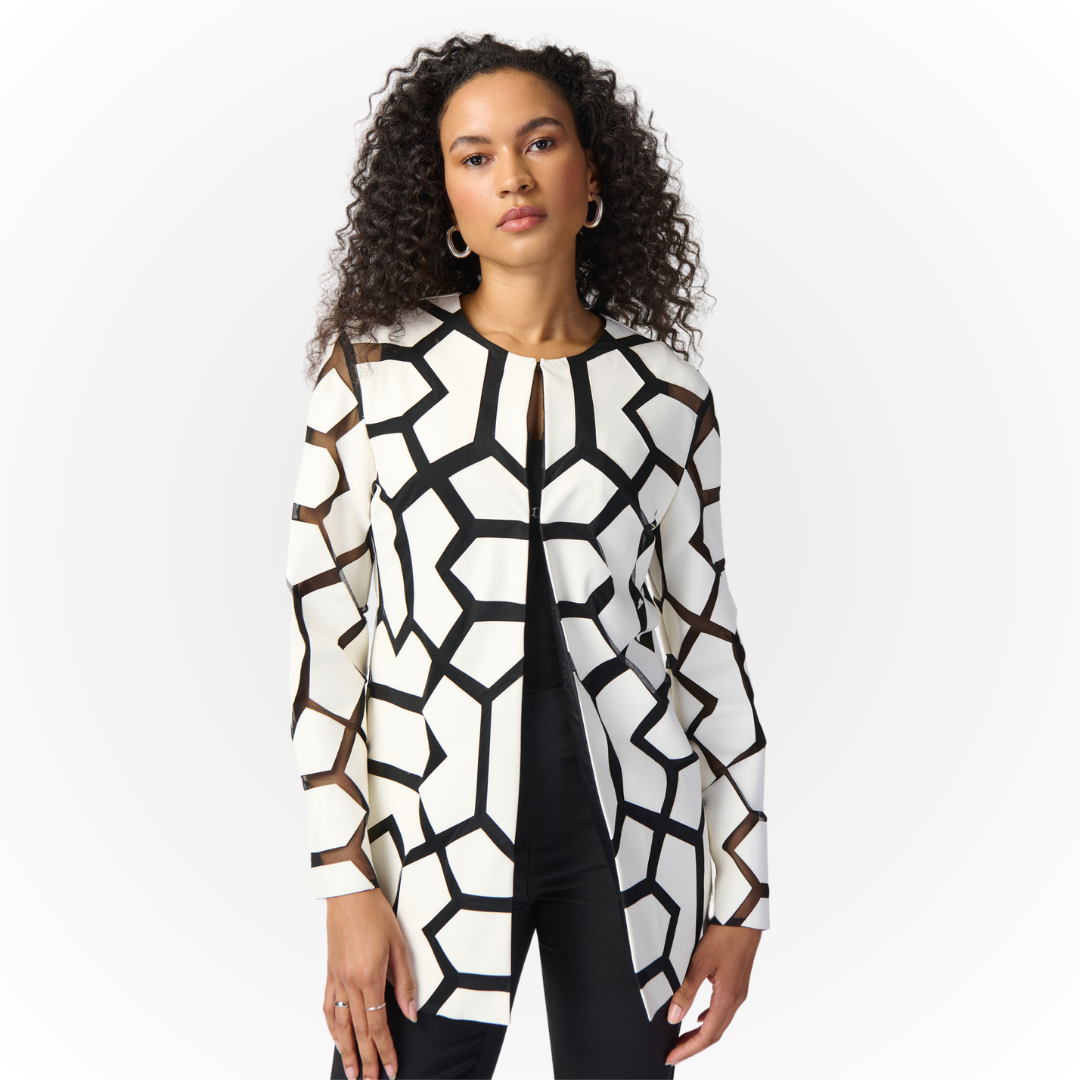 Jaboli Boutique - Fergus Ontario - The Joseph Ribkoff Ivory/Black Jacket is truly a work of art.  Show stopper,  Statement piece,  The Hottest Jacket of the Season,  Colour - Ivory/Black,  Closure at Nape of Neck,  Light Weight,  Long Sleeve,s  Black Mesh Fabric with Ivory Faux Leather Appliques,