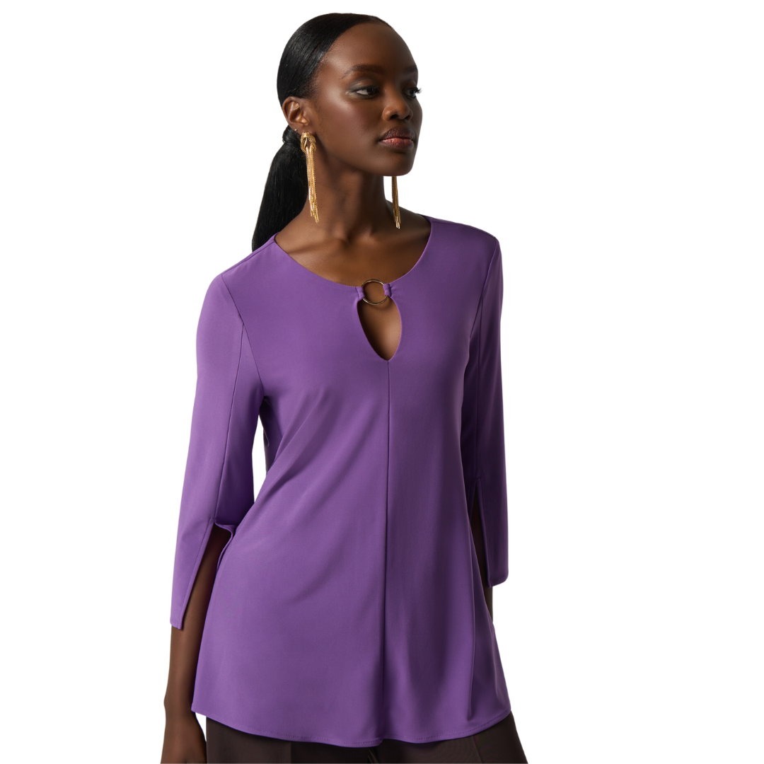 Jaboli Boutique -Fergus Ontario - Joseph Ribkoff Keyhole Neckline Tunic. Signature Jersey Fabric,  Neckline has unique Gold Ring Accent, (front and back)  Colours - Violet, Nightfall,  3/4 Sleeve   Relaxed Fit, Classic Profile  Proudly Made In Canada!