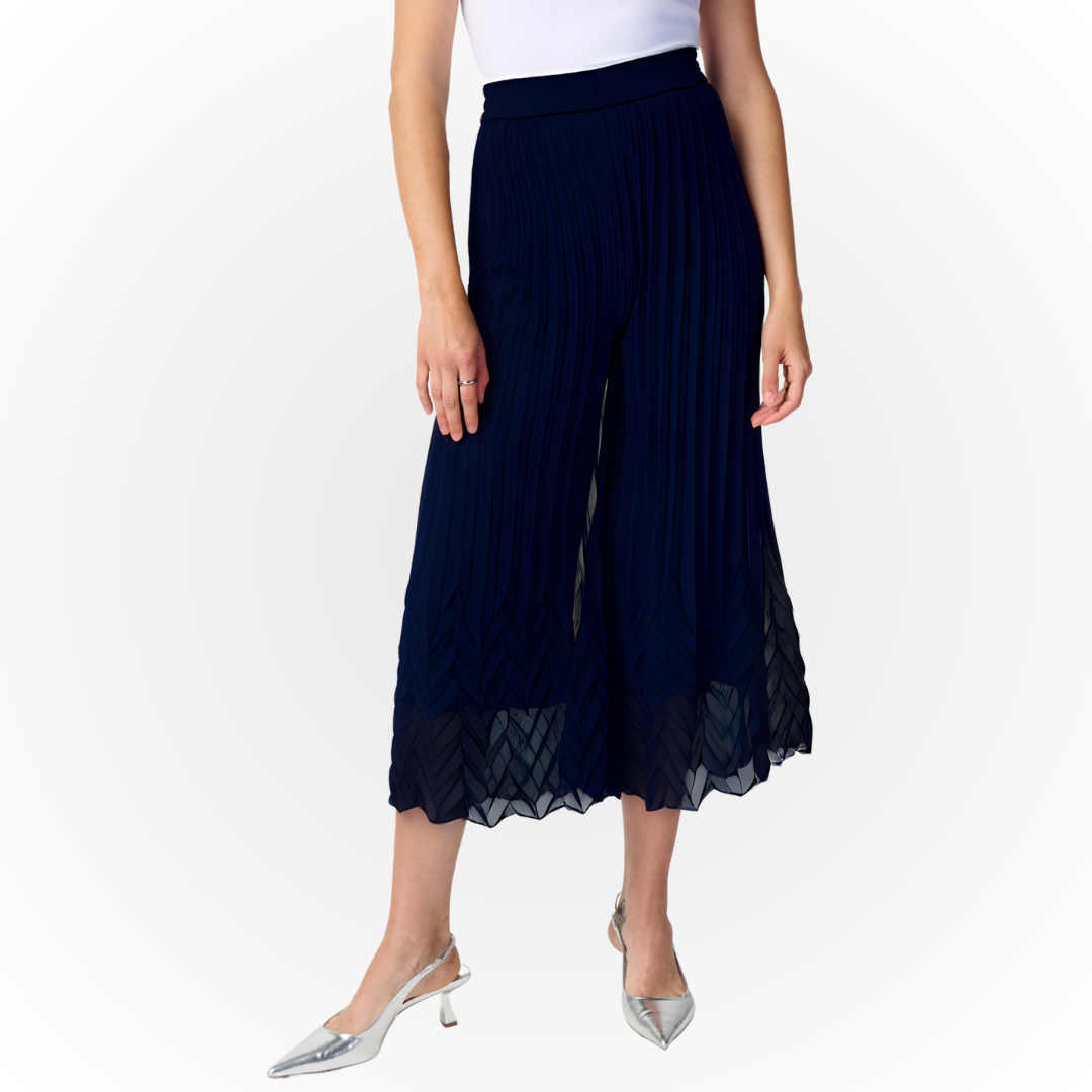 Jaboli Boutique - Fergus Ontario - Joseph Ribkoff - Dressy Midnight Blue Gauchos  Pull On  Ruched Waist  Mid Calf Length  Gorgeous and packable for travel   dress up and essential tee or tank   wear with a matching navy top to give the illusion of a jumpsuit.