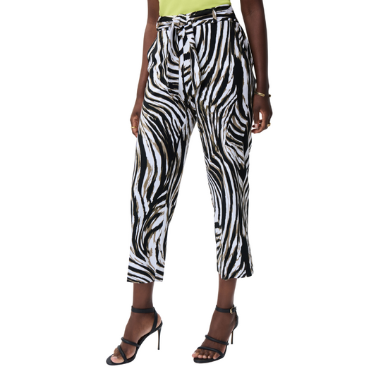 Jaboli Boutique - Fergus Ontario - Joseph Ribkoff - Wild Zebra Print - Vanilla /Black And Khaki Print. Introduce style and flair with our reimagined pull-on pants featuring a black/khaki/white zebra print. Self-tie belt offers fashionable accent. Quality materials from Canada ensure comfort and durability. Enjoy fashion and practicality with this stunning design. Upgrade your wardrobe today!