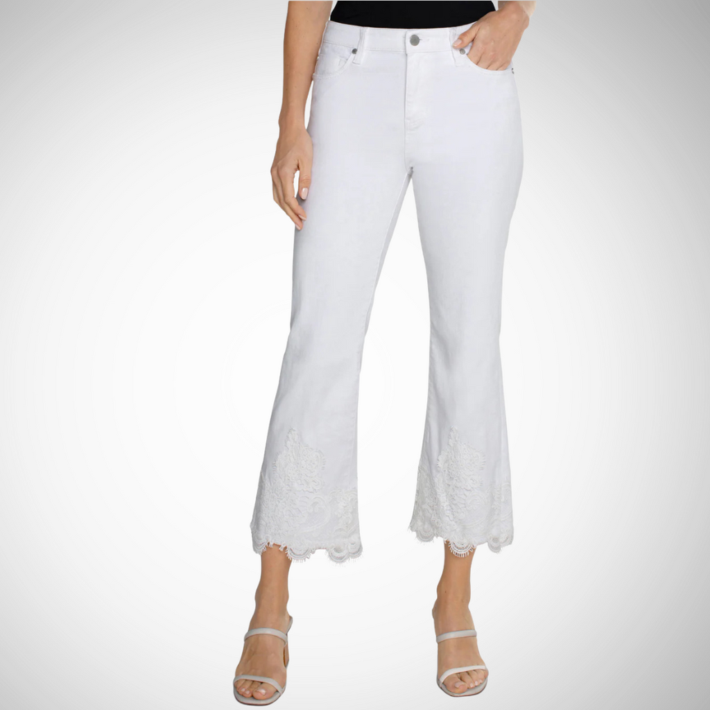 Jaboli Boutique - Fergus Ontario - Liverpool -Hannah Crop Flare- Jeans, Colour White,  Liverpool Hannah Crop Flare jeans Chic and luxurious with frayed hem and delicate lace applique Mid-rise 25-1/2" inseam 10" front rise 18" leg opening Set-in waistband with belt loops 5-pocket styling details Zip fly with single logo button closure Intricate lace detailing at hem for added sophistication.