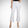 Jaboli Boutique - Fergus Ontario - Liverpool -Hannah Crop Flare- Jeans, Colour White,  Liverpool Hannah Crop Flare jeans Chic and luxurious with frayed hem and delicate lace applique Mid-rise 25-1/2" inseam 10" front rise 18" leg opening Set-in waistband with belt loops 5-pocket styling details Zip fly with single logo button closure Intricate lace detailing at hem for added sophistication.