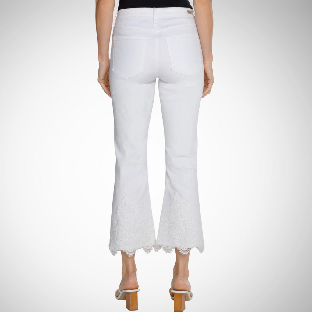 Jaboli Boutique - Fergus Ontario - Liverpool -Hannah Crop Flare- Jeans, Colour White, Liverpool Hannah Crop Flare jeans Chic and luxurious with frayed hem and delicate lace applique Mid-rise 25-1/2" inseam 10" front rise 18" leg opening Set-in waistband with belt loops 5-pocket styling details Zip fly with single logo button closure Intricate lace detailing at hem for added sophistication.