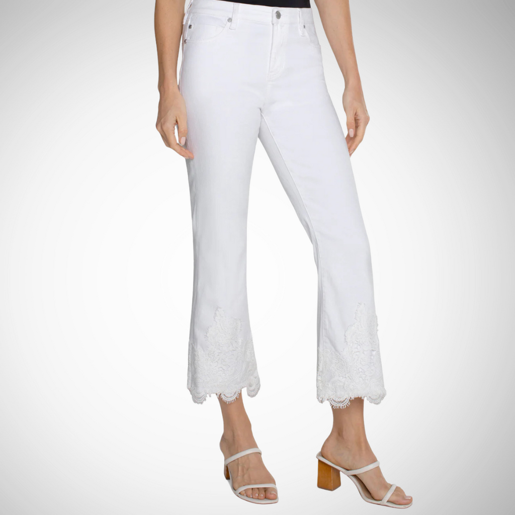 Jaboli Boutique - Fergus Ontario - Liverpool -Hannah Crop Flare- Jeans, Colour White, Liverpool Hannah Crop Flare jeans Chic and luxurious with frayed hem and delicate lace applique Mid-rise 25-1/2" inseam 10" front rise 18" leg opening Set-in waistband with belt loops 5-pocket styling details Zip fly with single logo button closure Intricate lace detailing at hem for added sophistication.