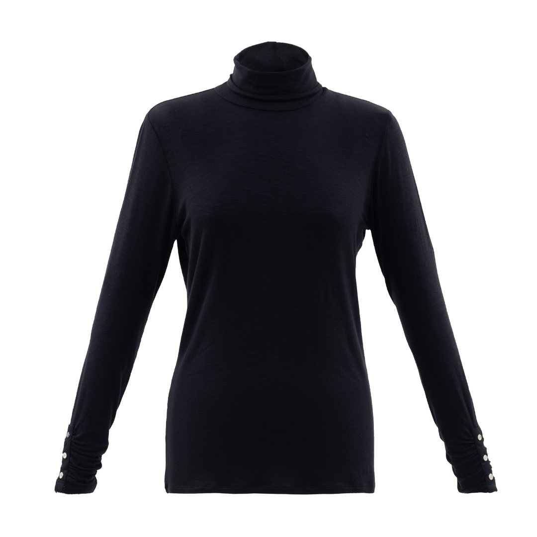Jaboli Boutique - Fergus Ontario - Marble - Black - Turtleneck. This essential turtleneck top features a lightweight construction with double-layered modesty at the front and long sleeves accented by a button. Perfect for adding extra coverage beneath all your stylish jackets and cardigans. Available in black, navy and fuchsia.