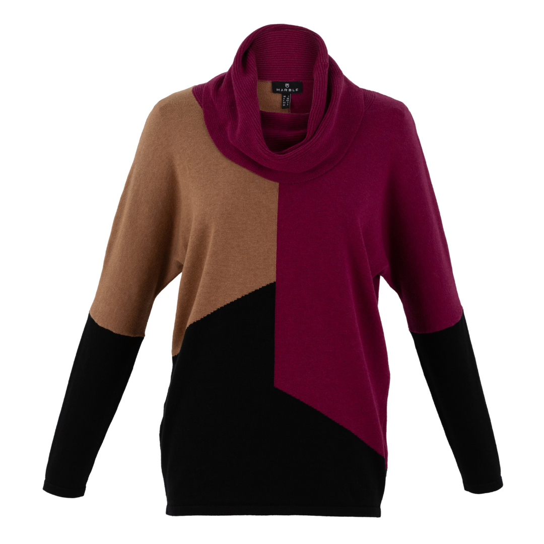 Jaboli Boutique - Fergus Ontario - Marble  - Cowl Pullover.  A Chic and timeless classic this Cozy Cowl Neck Pullover Sweater is made with gorgeous soft cotton yarn. Pair with Jeans Or Black Trousers.  Colour Blocked Camel/Black/Berry  100% Cotton  Long Sleeves  Relaxed Fit