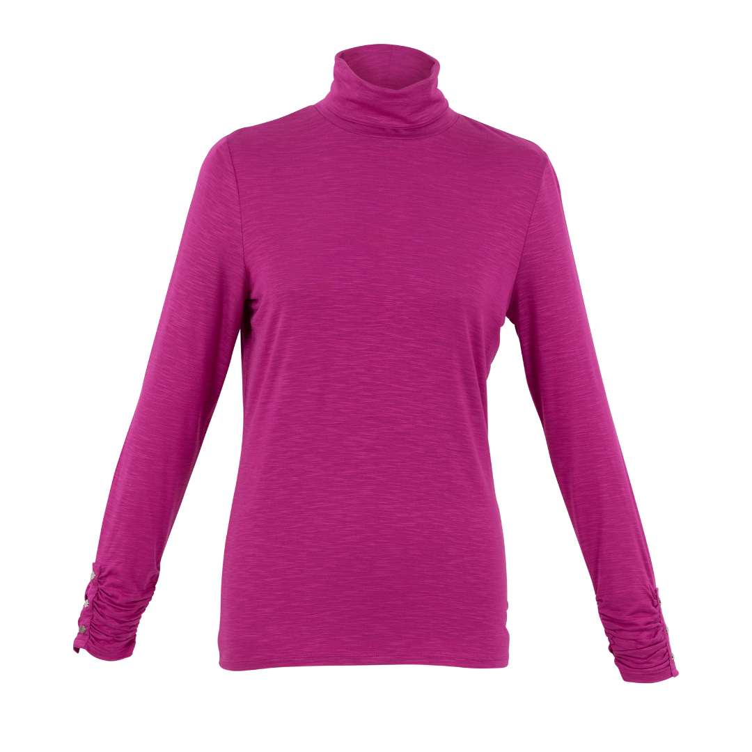 Jaboli Boutique - Fergus Ontario - Marble - Fuchsia - Turtleneck. This essential turtleneck top features a lightweight construction with double-layered modesty at the front and long sleeves accented by a button. Perfect for adding extra coverage beneath all your stylish jackets and cardigans. Available in black, navy and fuchsia.