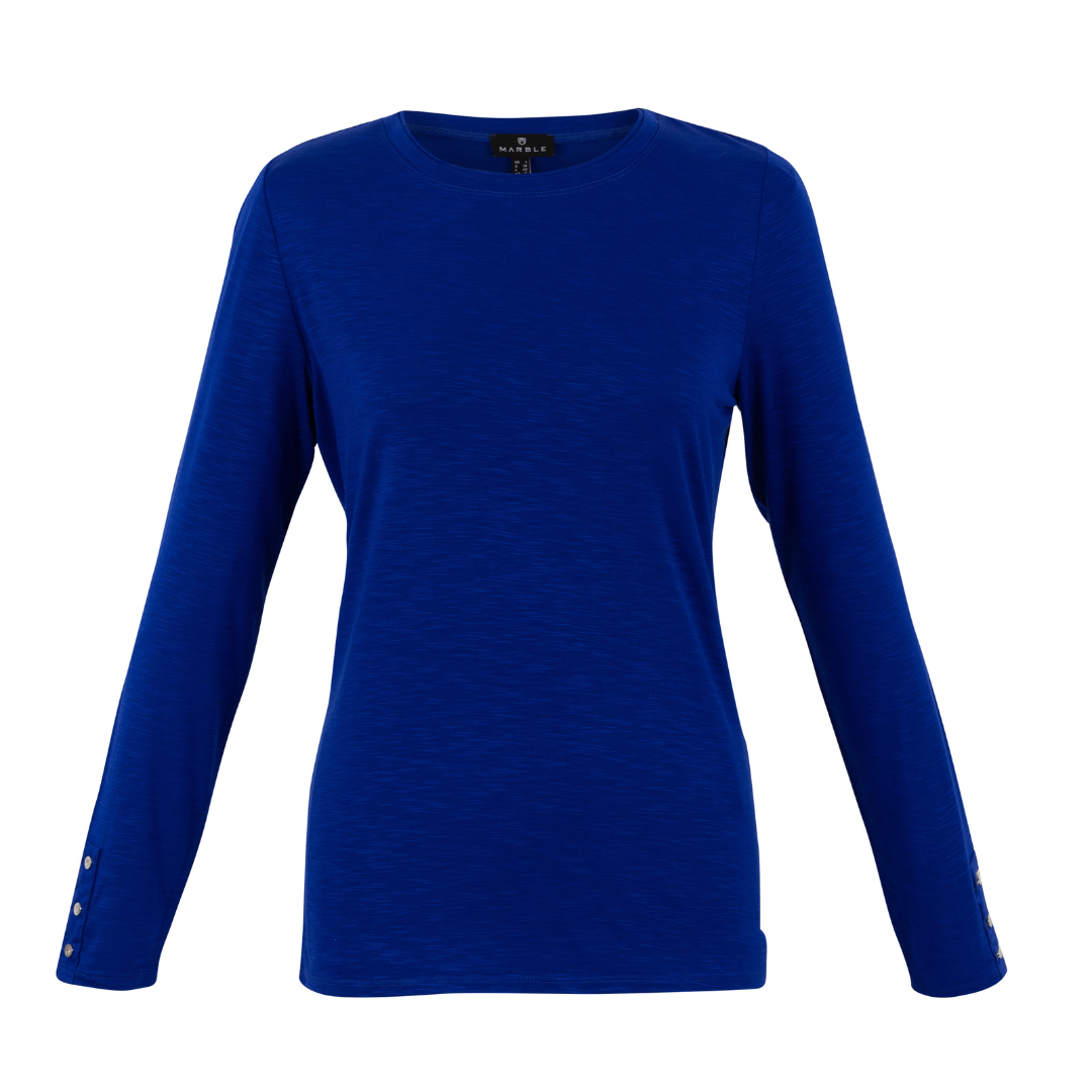Jaboli Boutique - Fergus Ontario - Marble - Longsleeve Shirt Royal Blue. This essential lightweight layering top comes in black and royal colors, featuring a double layer modesty front and long sleeves with button accents. Wear it under all your stylish jackets and cardigans for a finished look.