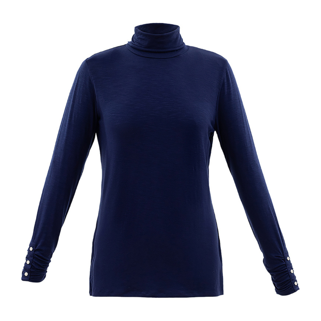 Jaboli Boutique - Fergus Ontario - Marble - Navy - Turtleneck. This essential turtleneck top features a lightweight construction with double-layered modesty at the front and long sleeves accented by a button. Perfect for adding extra coverage beneath all your stylish jackets and cardigans. Available in black, navy and fuchsia.