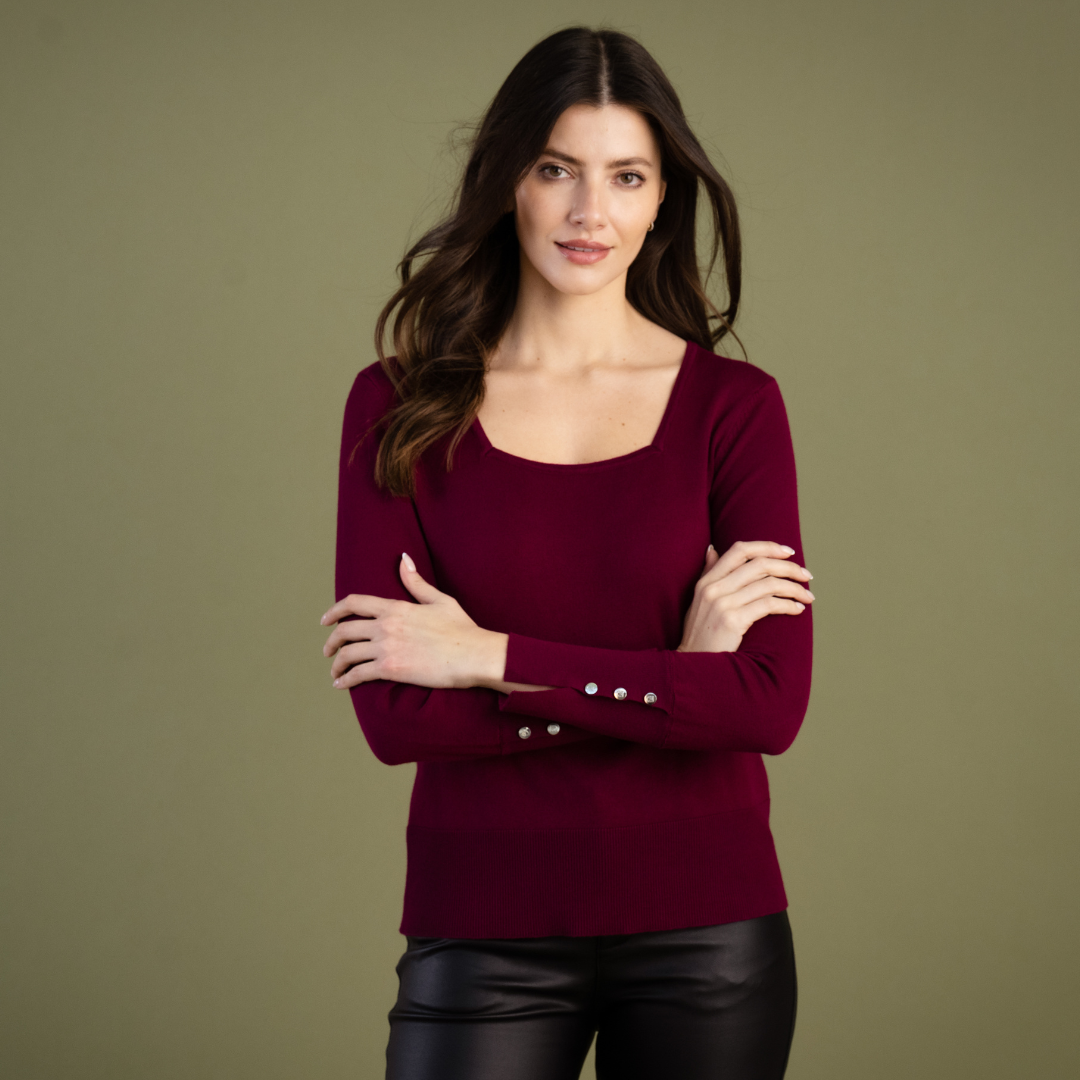 Jaboli Boutique - Fergus Ontario - Marble - Square neck pullover sweater. Colour Beet. Distinct Square Neckline, Perfect under your Favourite Blazer  Colour Berry  Finely Knit  Long Sleeves with Button Accent at Cuff  Classic Fit