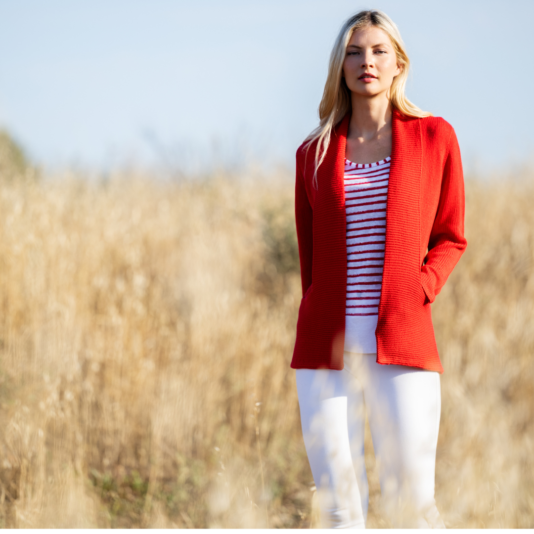 Jaboli Boutique - Fergus Ontario - Marble - Summer Weight Shawl Cardigan - Red. Structured Light Weight Cozy Cardigan Colors: Red, Khaki Shawl Collar Pockets Long Sleeves Knit fabric
