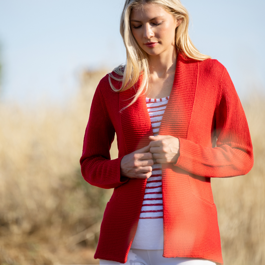 Jaboli Boutique - Fergus Ontario - Marble  - Summer Weight Shawl Cardigan - Red. Structured Light Weight Cozy Cardigan Colors: Red, Khaki Shawl Collar Pockets Long Sleeves Knit fabric
