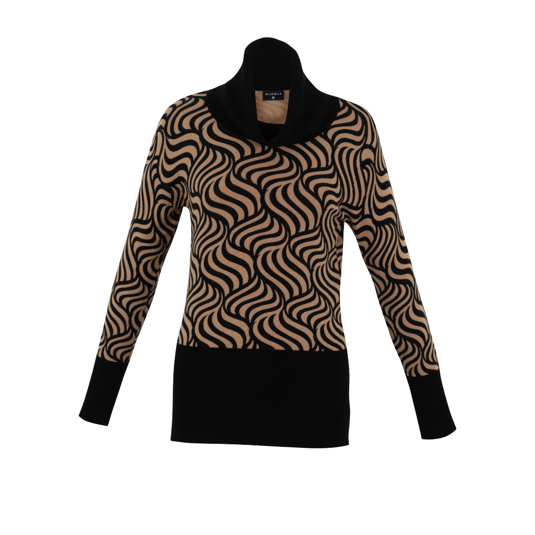 Jaboli Bou0tique - Fergus Ontario - Marble wavy print sweater. Classic Camel/Black Print Combo Finely Knit Cowl Neck Long Sleeves Wide Black Band at Hip and Cuff Great for Layering with your Favourite Blazer
