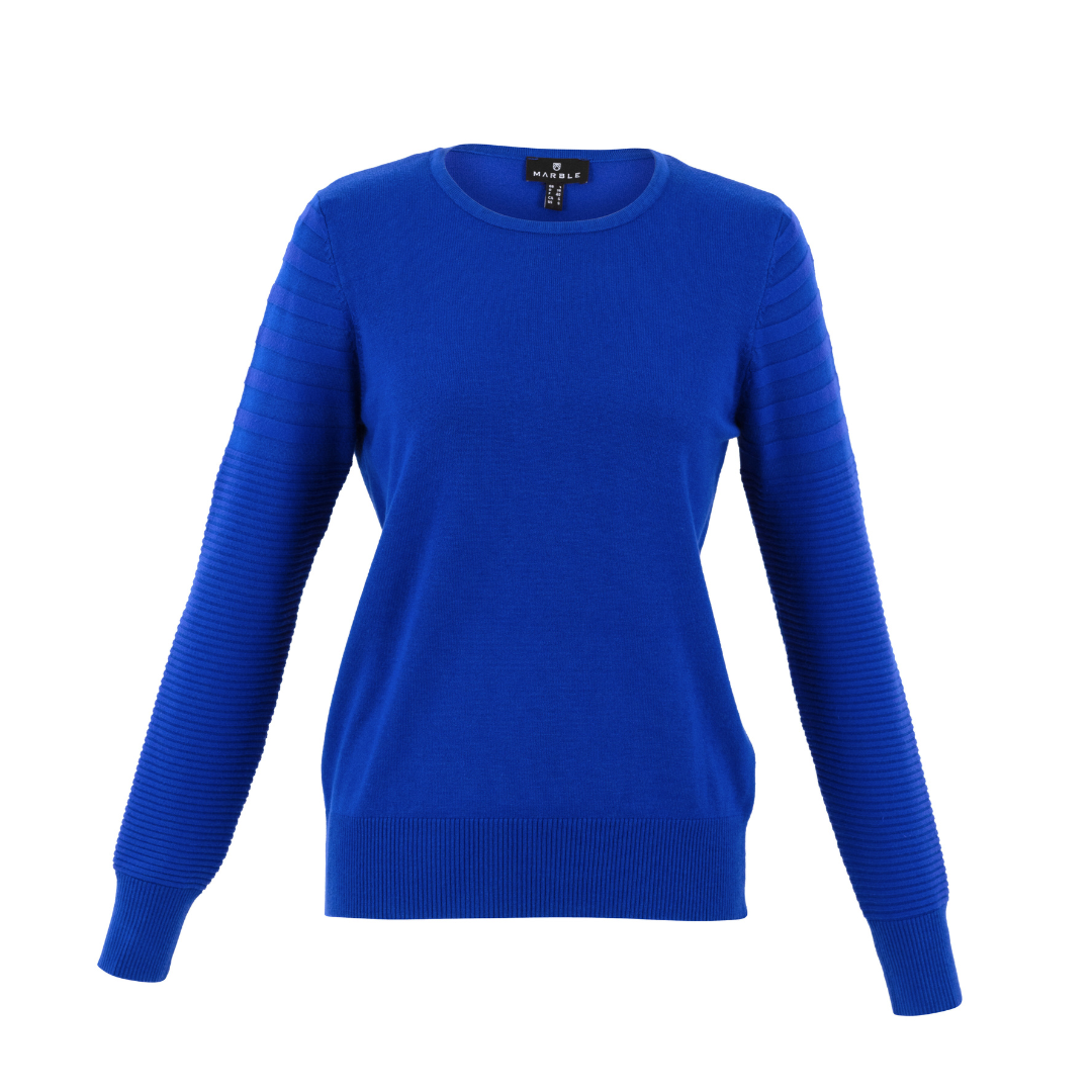 Jaboli Boutique - Fergus Ontario- Marble Classic Crew Sweater-Royal Crew Neck Line  Colours - Ivory, Royal Blue  Relaxed Fit  Textured Knit Sleeves