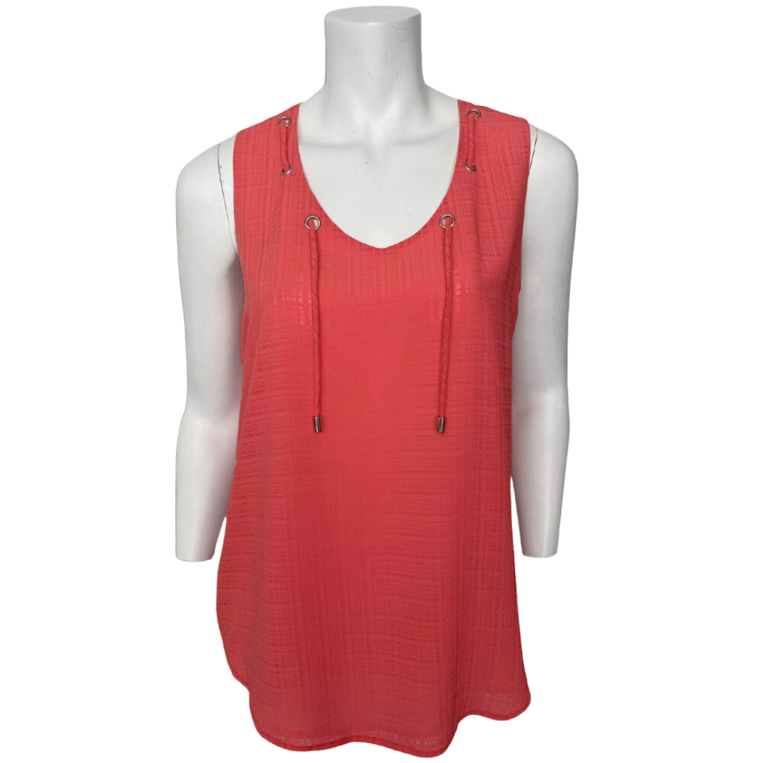 Jaboli Boutique - Fergus Ontario -Motion - Coral Tank Top. Lightweight Lined Coral Top  Sleeveless  Tie Neckline Detail  Hip Length with Sculpted Hemline