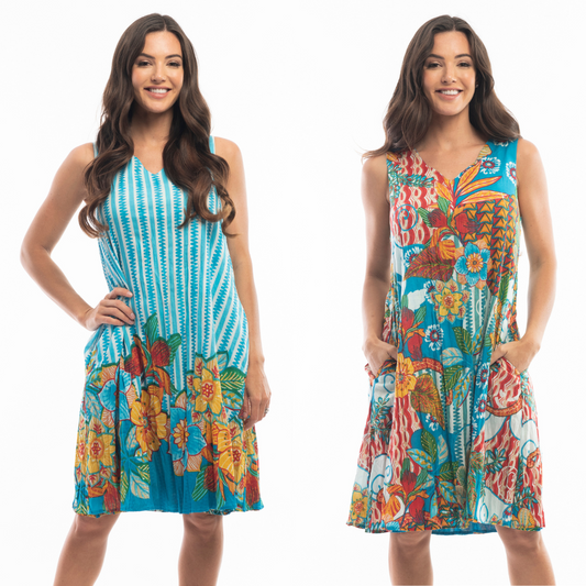 Jaboli Boutique - Fergus Ontario - Orientique - Reversible Sundress. Two Dresses in One, Great Travel Piece!  Sleeveless Organic Cotton Sundress  Colour -1.  Turquoise With Border Print, Reverses to Colourful Floral. Relaxed Fit  Pockets  Below the Knee Length