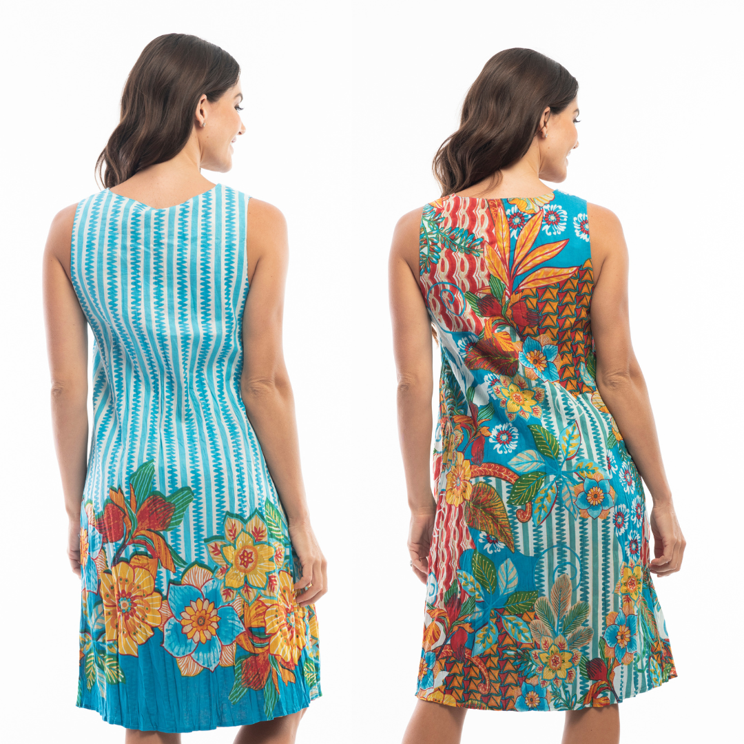 Jaboli Boutique - Fergus Ontario - Orientique - Reversible Sundress. Two Dresses in One, Great Travel Piece! Sleeveless Organic Cotton Sundress Colour -1. Turquoise With Border Print, Reverses to Colourful Floral. Relaxed Fit Pockets Below the Knee Length