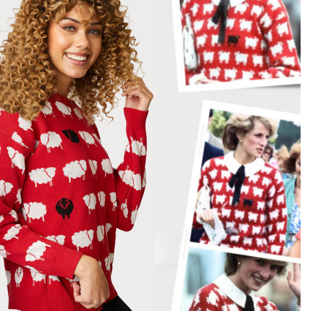 Jaboli Boutique - Fergus Ontario - Parkhurst - Ewelia - Holy Sheep Sweater.  A Customer Favourite. Gets Yours while you can cuz these sweaters sell out fast. Introducing the Holy Sheep sweater reminecent to princess dianas famous sheep sweater.  Red/Natural/Black  Crew Neck  Long Sleeves  Hip Length