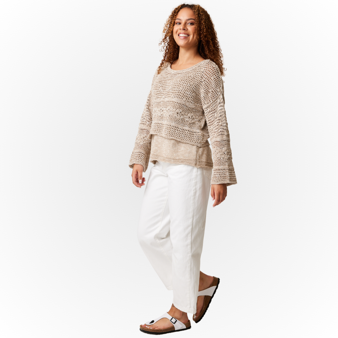 Jaboli Boutique - Fergus Ontario,  Parkhurst Shorty Eco Top  Crochet Knit Crew Neck (Open Knit),  Colour - Taupe Tweed,  Eco Cotton Blend, Relaxed Fit,  Long Sleeves,  Waist Length,  Pair with Fabulous Wide Leg Linen Pants,  Proudly Made In Canada!