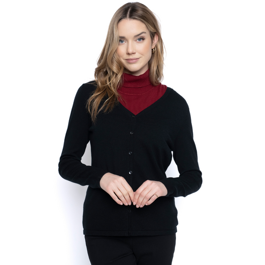 Jaboli Boutique - Fergus Ontario - Picadilly Classic Cardigan -Finely Knit Fabric  Vee Neck Line  Colour Black  Long Sleeves  Hip Length  wear as a cadigan with the buttons down the front or wear as a chic black sweater with the buttons down the back.
