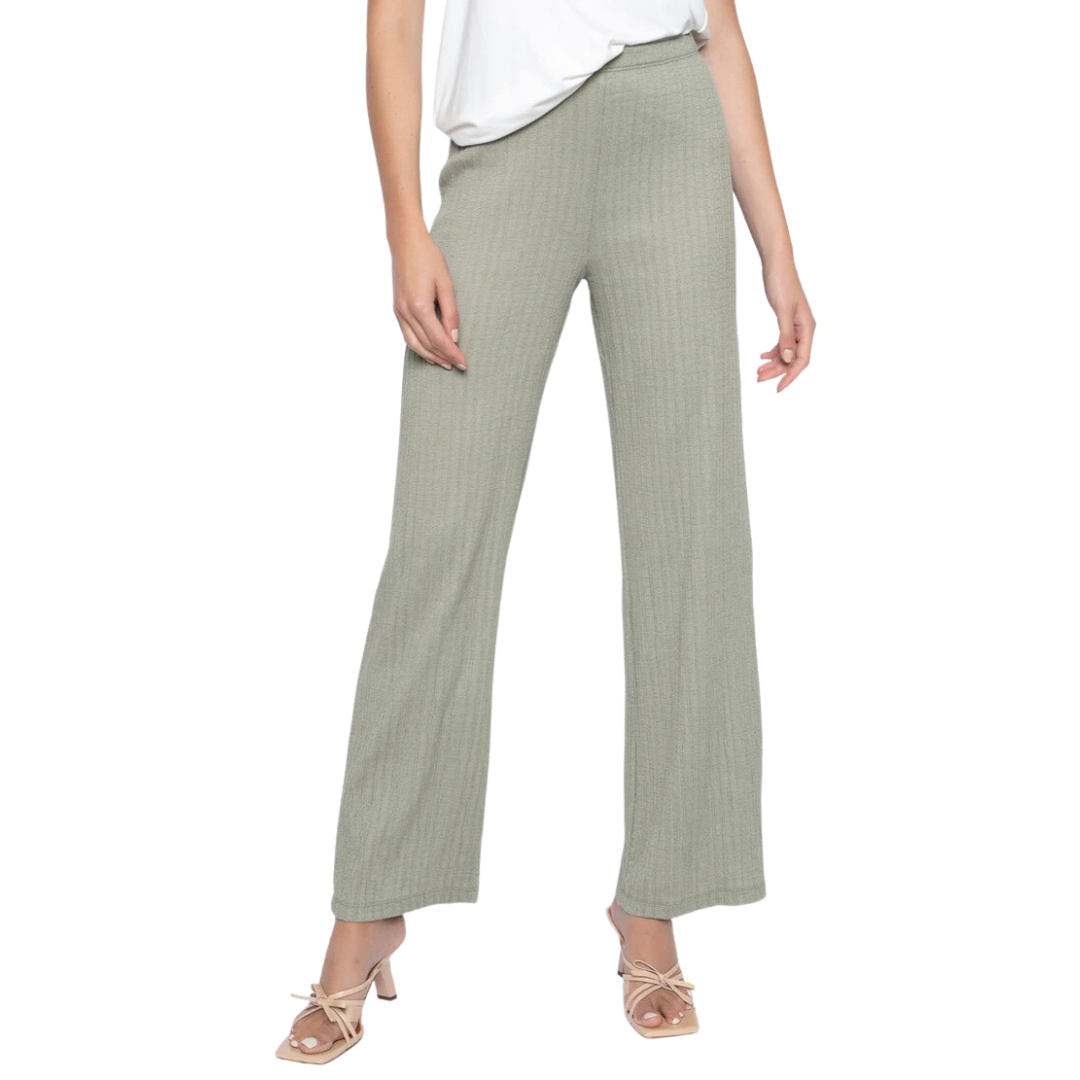 Jaboli Boutique - Fergus Ontario - Picadilly - Cotton Knit Pants - Sage Green . Wide Leg . Picadilly's Cotton Knit Pants are crafted from a superior blend of cotton and designed in a timeless silhouette. The high-rise waist and ribbed fabric offers a slim, flattering fit, available in black and sage green. Perfectly tailored for a stylish look, these pants can be worn with a coordinating top or blazer for ultimate sophistication. Proudly made in Canada.