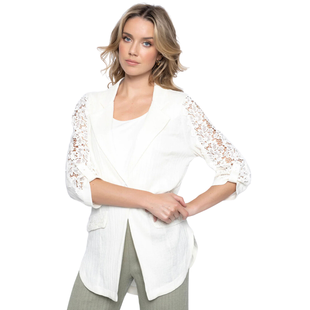 Ribbed Cotton Knit and Lace are mixed in this Gorgeous Jacket  Colours - Ivory, Sage,  Cotton/nylon/spandex Blend  Pair with Coordinating Pants   Traditional Style with a Twist.  Lace inserts on the Sleeves and Pockets elevate this Blazer to a whole new level.
