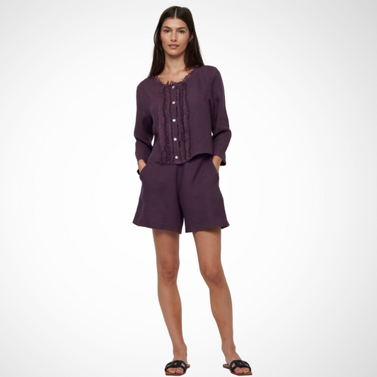 Jaboli Boutique - Fergus Ontario - Pistache - Raw Edge Linen Jacket.  Pistache Raw Edge Linen Jacket Color: Deep Violet Exquisite attention to detail Features raw edge neckline and front details Can be worn as a jacket or a top Versatile design elevates any ensemble Pair with jeans and tee or use as a cover-up over a dress Button-front closure Long sleeves combine style and functionality
