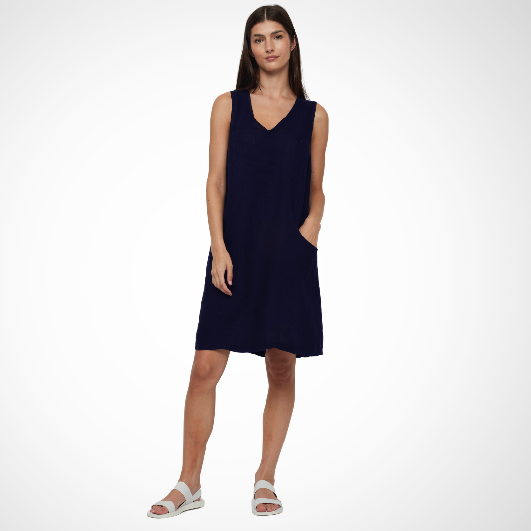 Jaboli Boutique - Fergus Ontario - Pistache - Navy Linen Dress. Pistache Navy Linen Dress,  Flattering A-line silhouette Perfect for day-to-day wear,  Knee-length with scoop neck,  Convenient pockets, Effortless and chic aesthetic