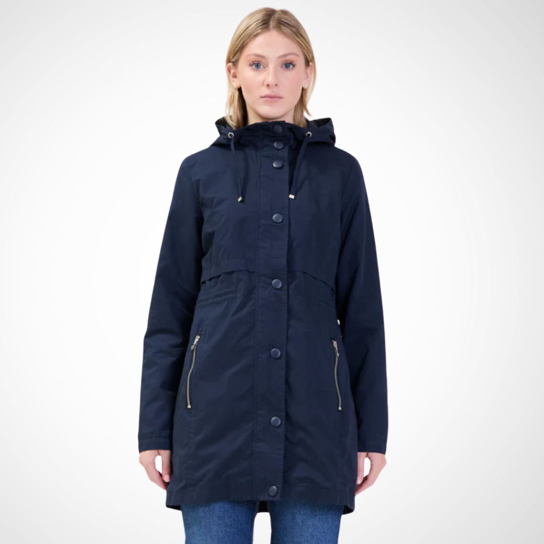 Jaboli Boutique - Fergus Ontario - Point Zero - Hooded Rain Jacket - Navy -  Stay stylish and dry with our Hooded Rain Jacket. Features a waist drawstring for a customizable fit. Designed to protect you from the elements while maintaining fashion. Adjustable waist drawstring ensures a flattering silhouette and maximum comfort. Attached hood adds versatility for unpredictable weather. Perfect for braving the rain or as a trendy outer layer. Embrace rainy days with confidence – shop now!