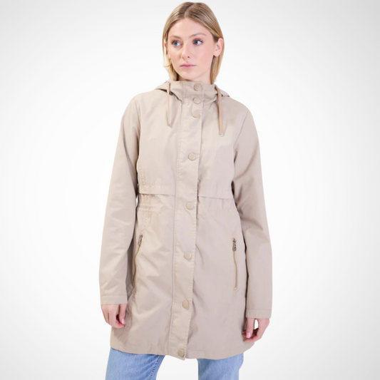 Jaboli Boutique - Fergus Ontario - Point Zero - Hooded Rain Jacket - Tan - Stay stylish and dry with our Hooded Rain Jacket. Features a waist drawstring for a customizable fit. Designed to protect you from the elements while maintaining fashion. Adjustable waist drawstring ensures a flattering silhouette and maximum comfort. Attached hood adds versatility for unpredictable weather. Perfect for braving the rain or as a trendy outer layer. Embrace rainy days with confidence – shop now!